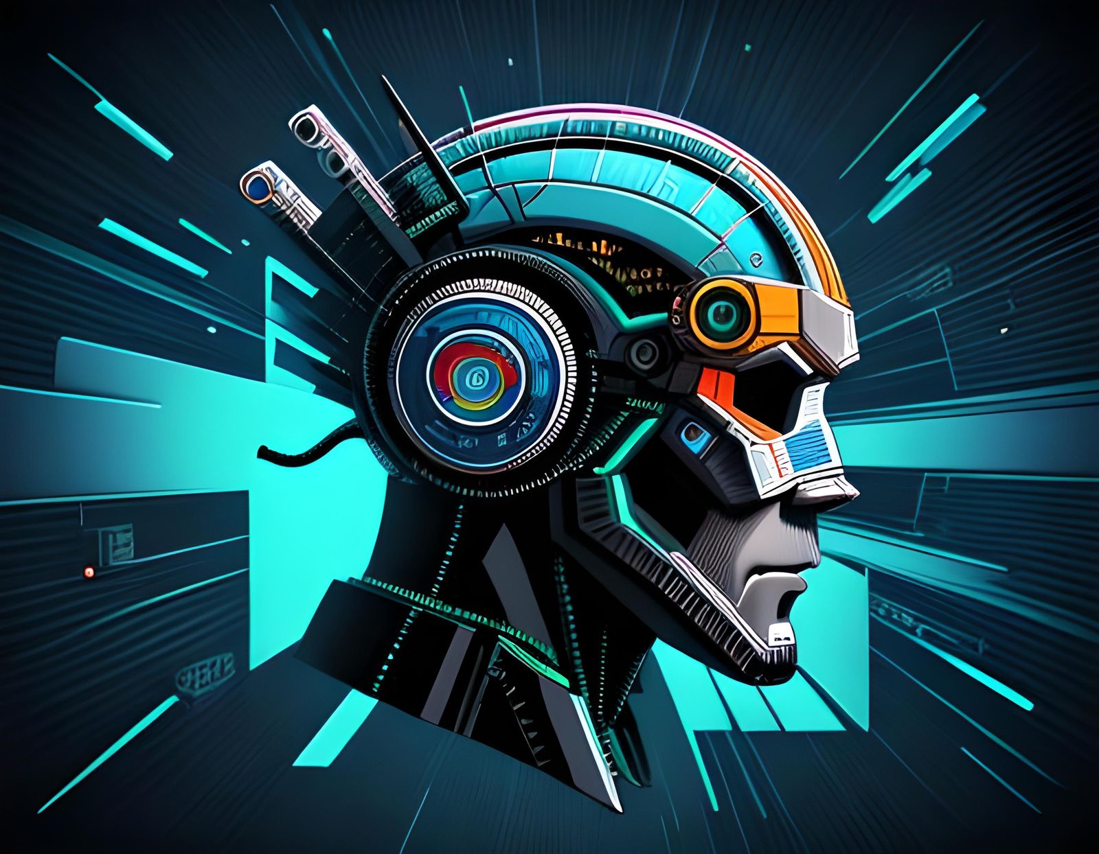 robot head with cyberpunk abstract doodle cubism art