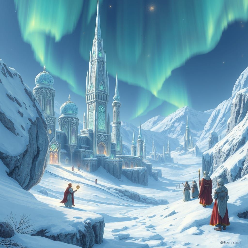 Ethereal Snow Elf City Under Aurora Borealis