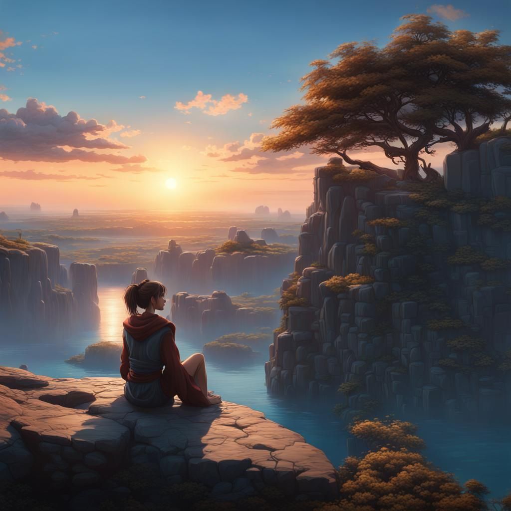 Anime Woman Watching Sunrise, Detailed Matte Painting