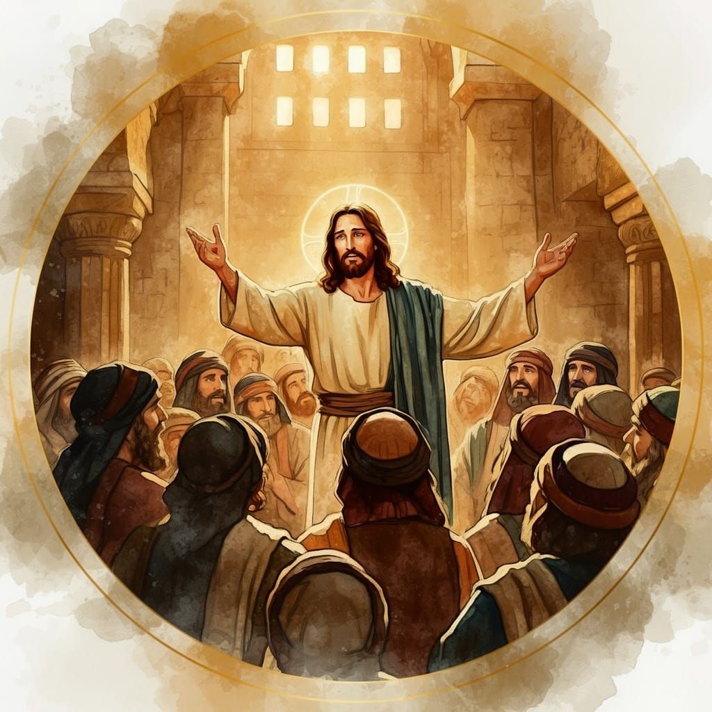 Jesus in the Temple of Jerusalem, a Warm and Golden Watercol...