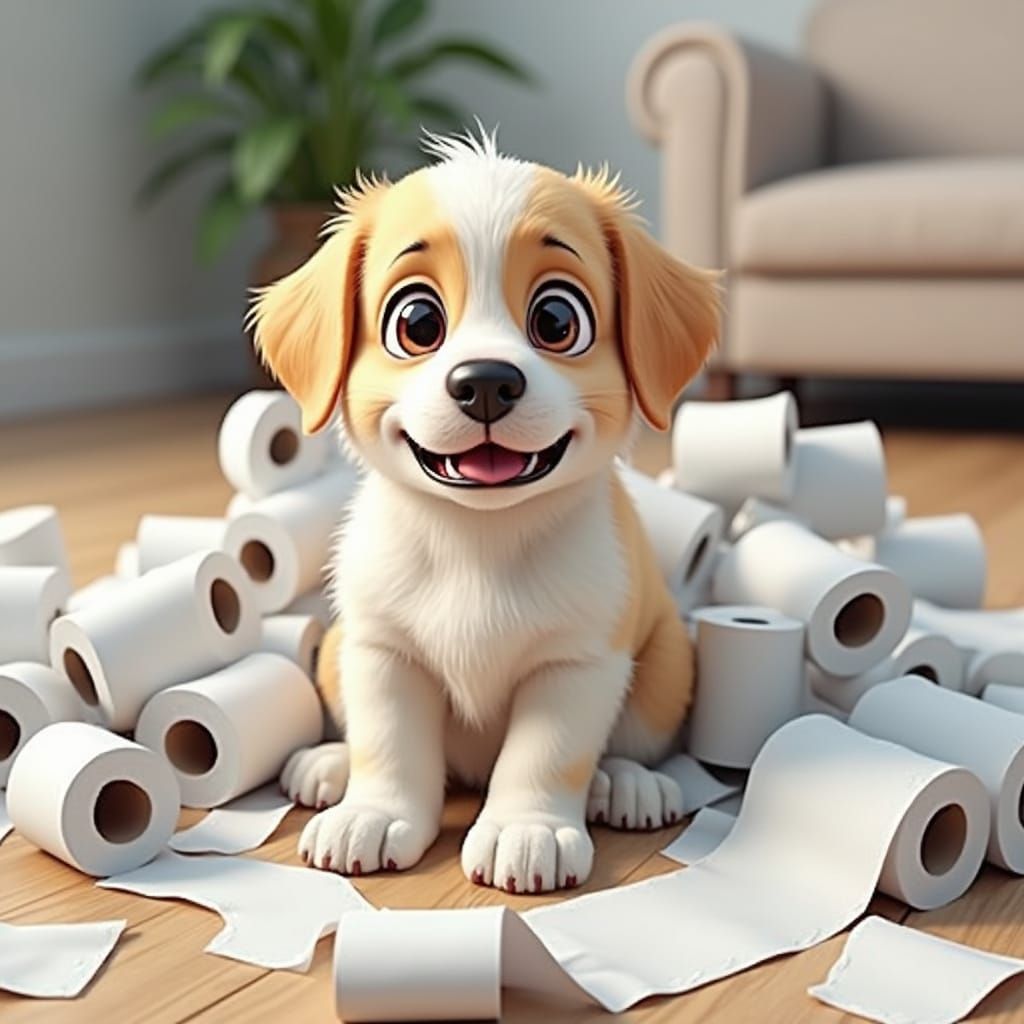 Cute Cartoon Puppy in Toilet Paper Chaos