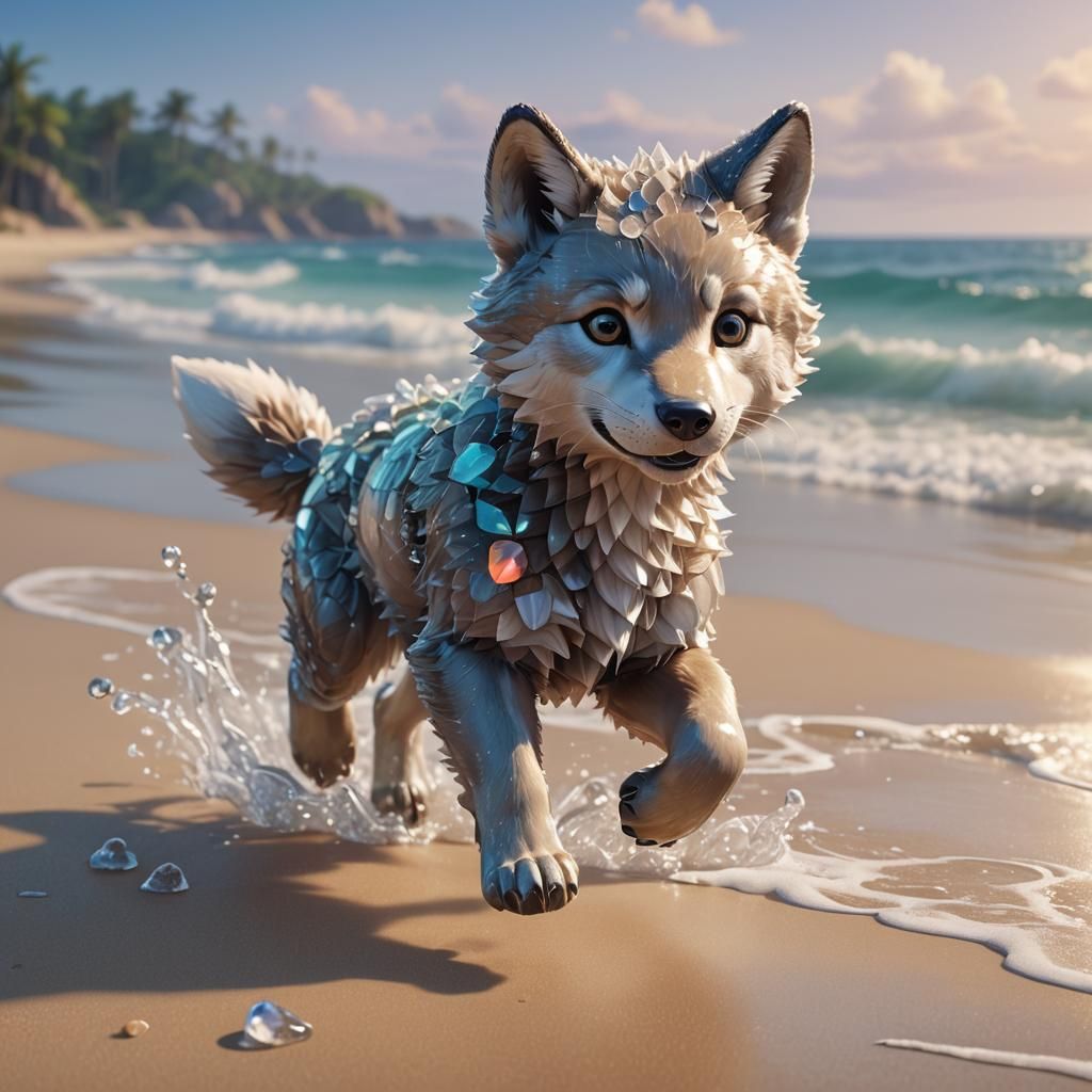 Cute Crystal Wolf Cub on the Beach in 3D