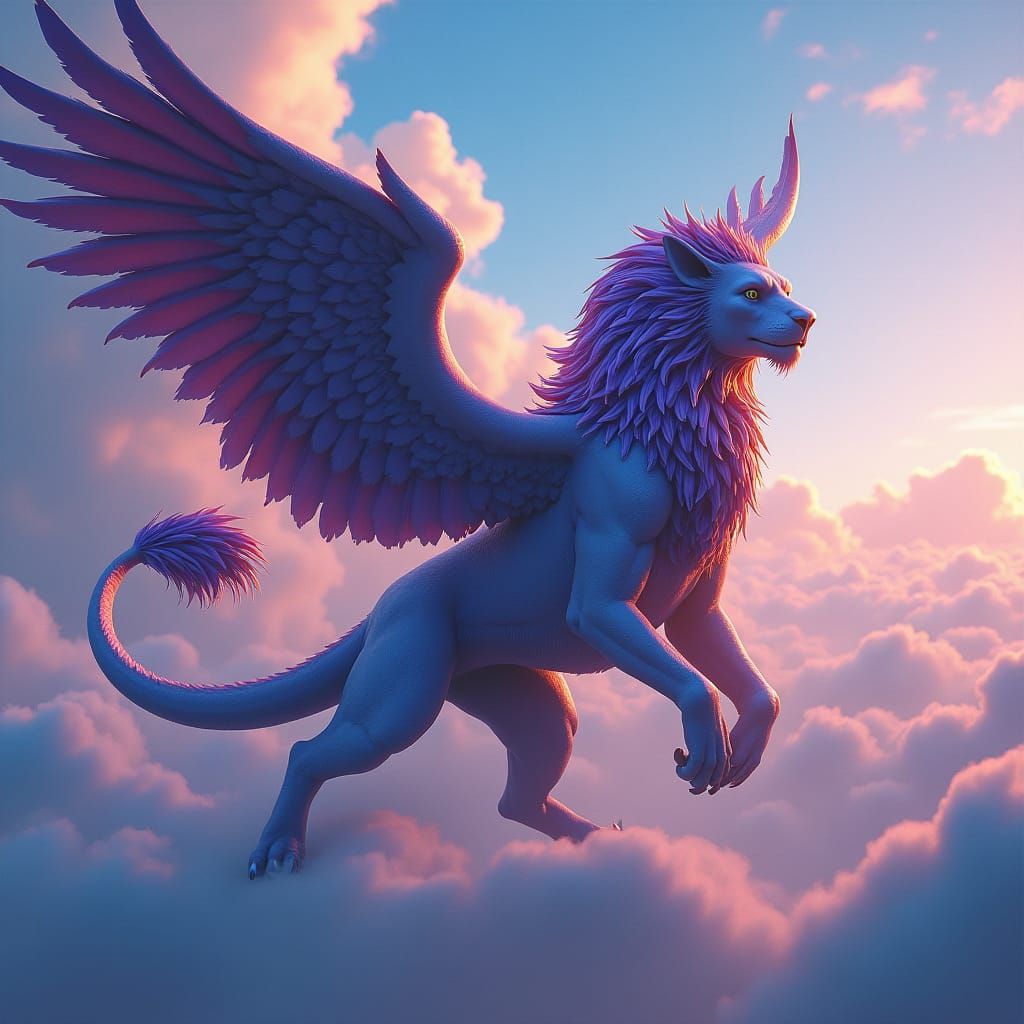 Lion-Serpent Gryphon Soaring in Atmospheric Matte Painting
