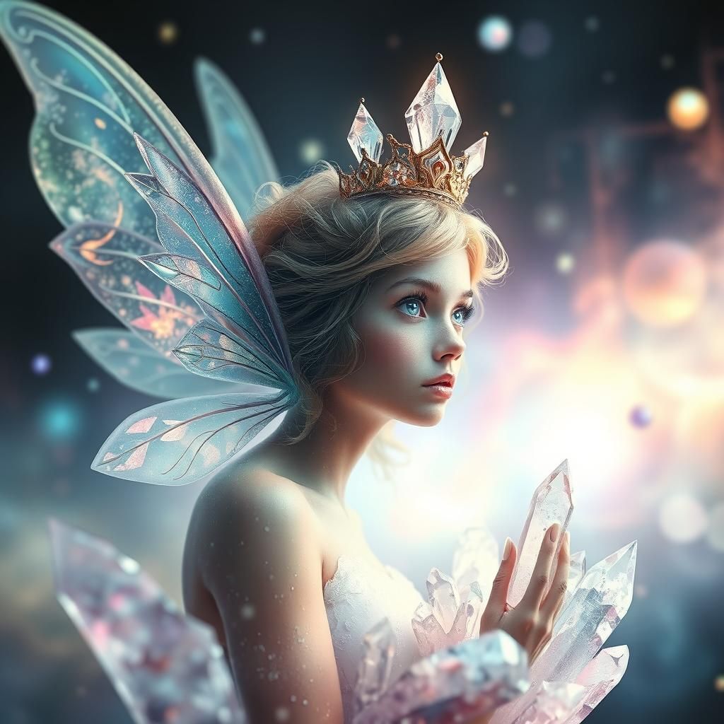a double exposure of crystals, an eye and a nebula, inside there is a beautiful fairy wearing a crystal crown