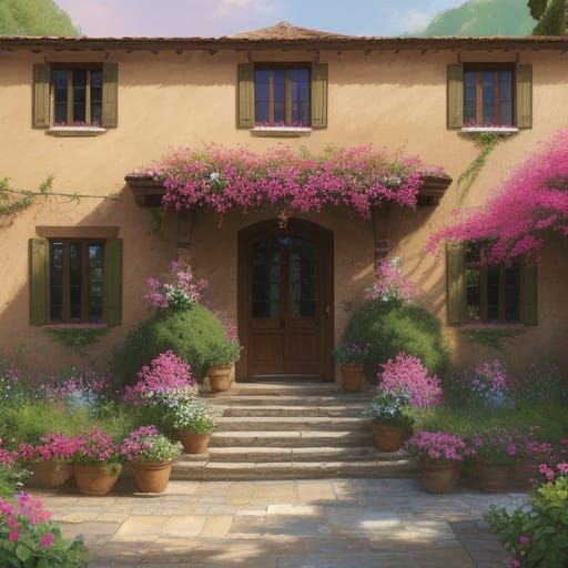 Vintage Home with Bougainvillea in Impressionistic Style