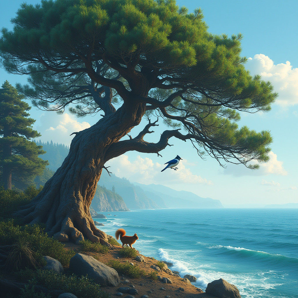 Pine Tree Sentinel Overlooking Ocean in Hyperrealism