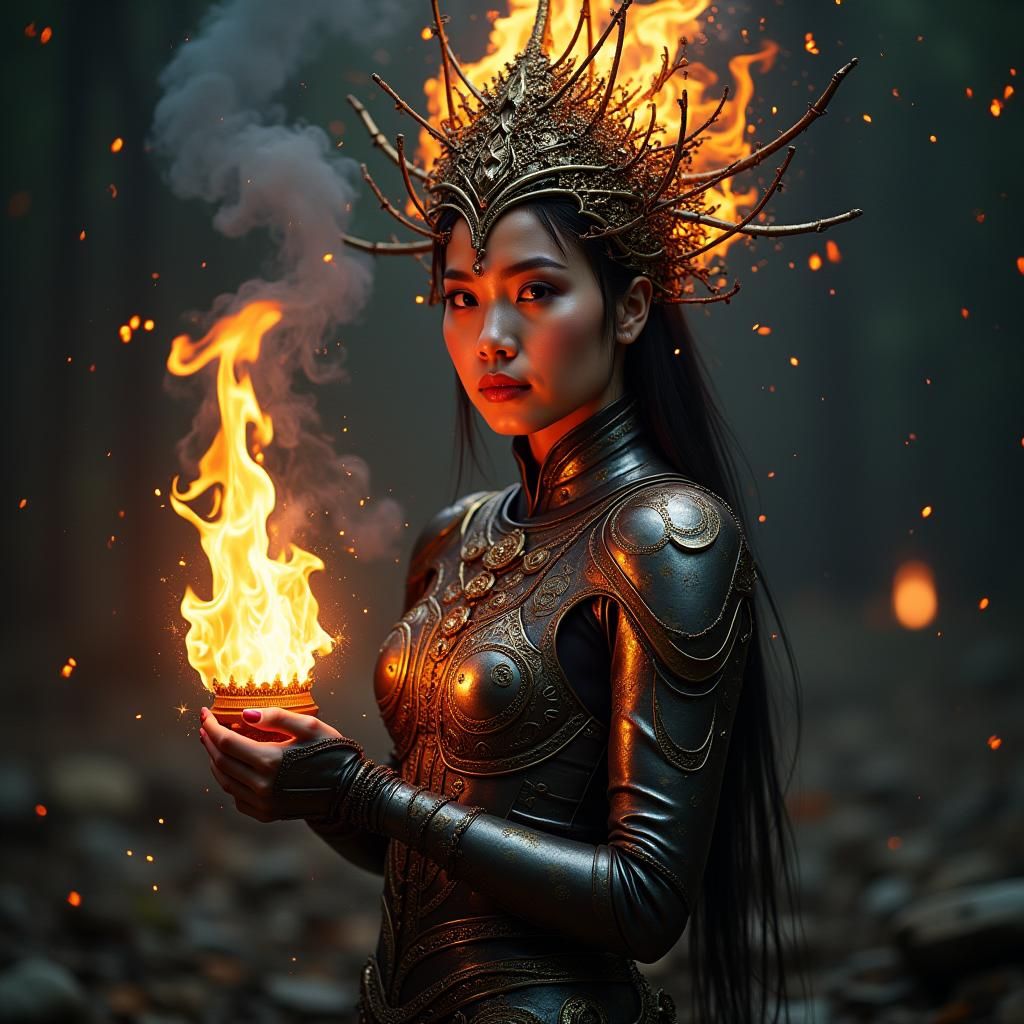 Lao Woman Fusion: High-Tech Armor and Ember Crown