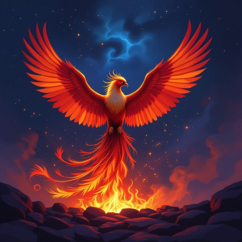 Majestic Phoenix Rises from Embers in Nebula