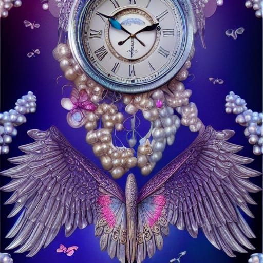 Clocks, Wings, and Pearl Collage Illustration