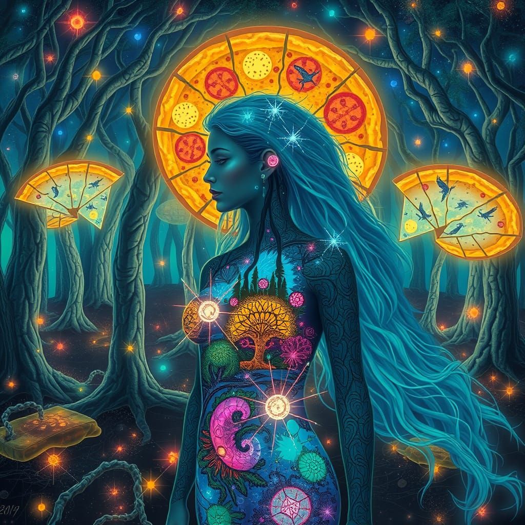 Bioluminescent Pizza Forest with Glowing Woman