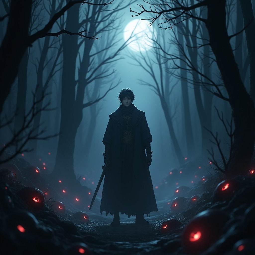 Man in Dark Forest Surrounded by Red Eyes