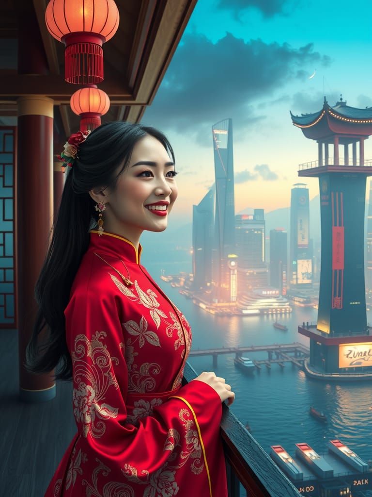 Chinese Model in Cyberpunk Cityscape Digital Art