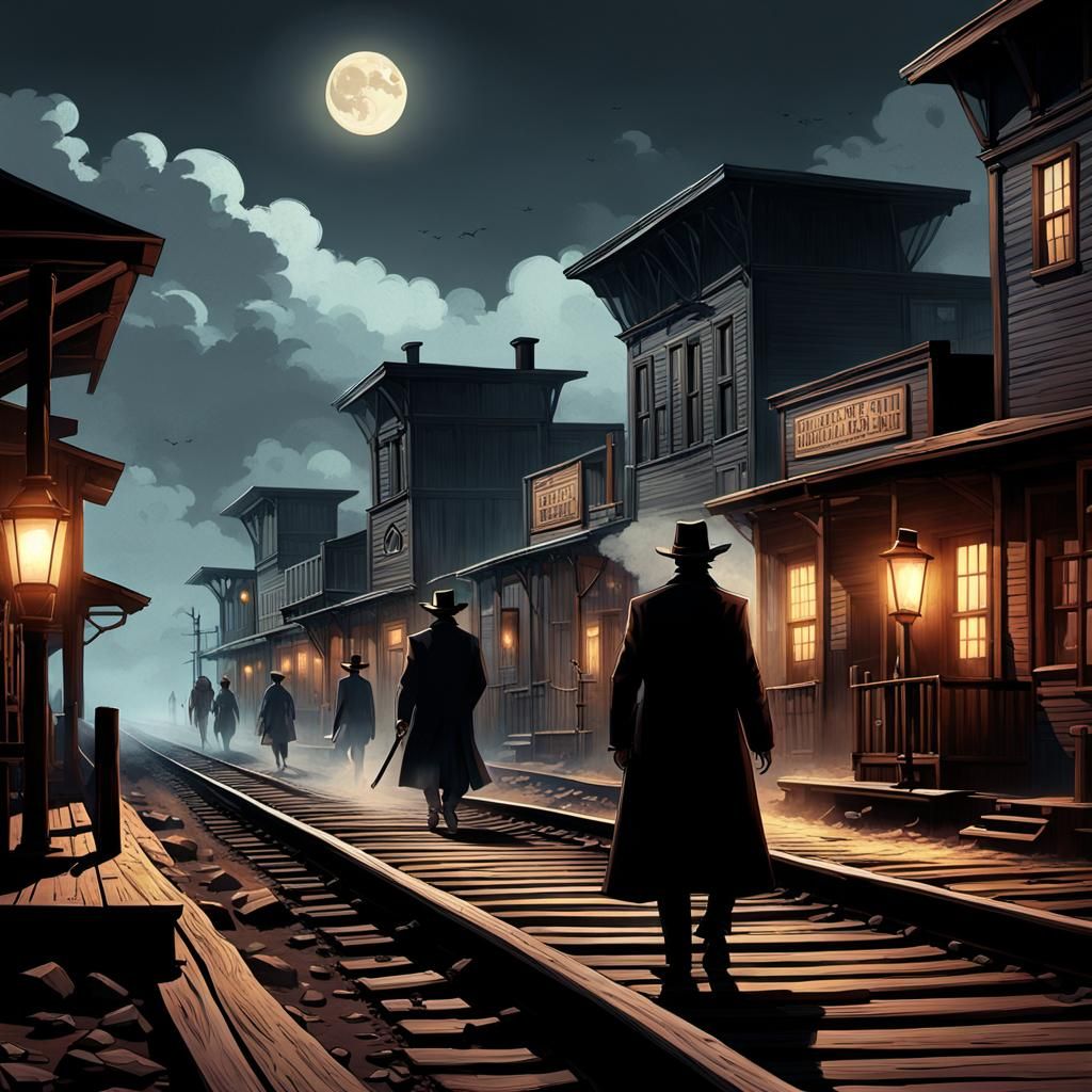 Moonlit Western Standoff: Shadowy Figures in Atmospheric Tow...