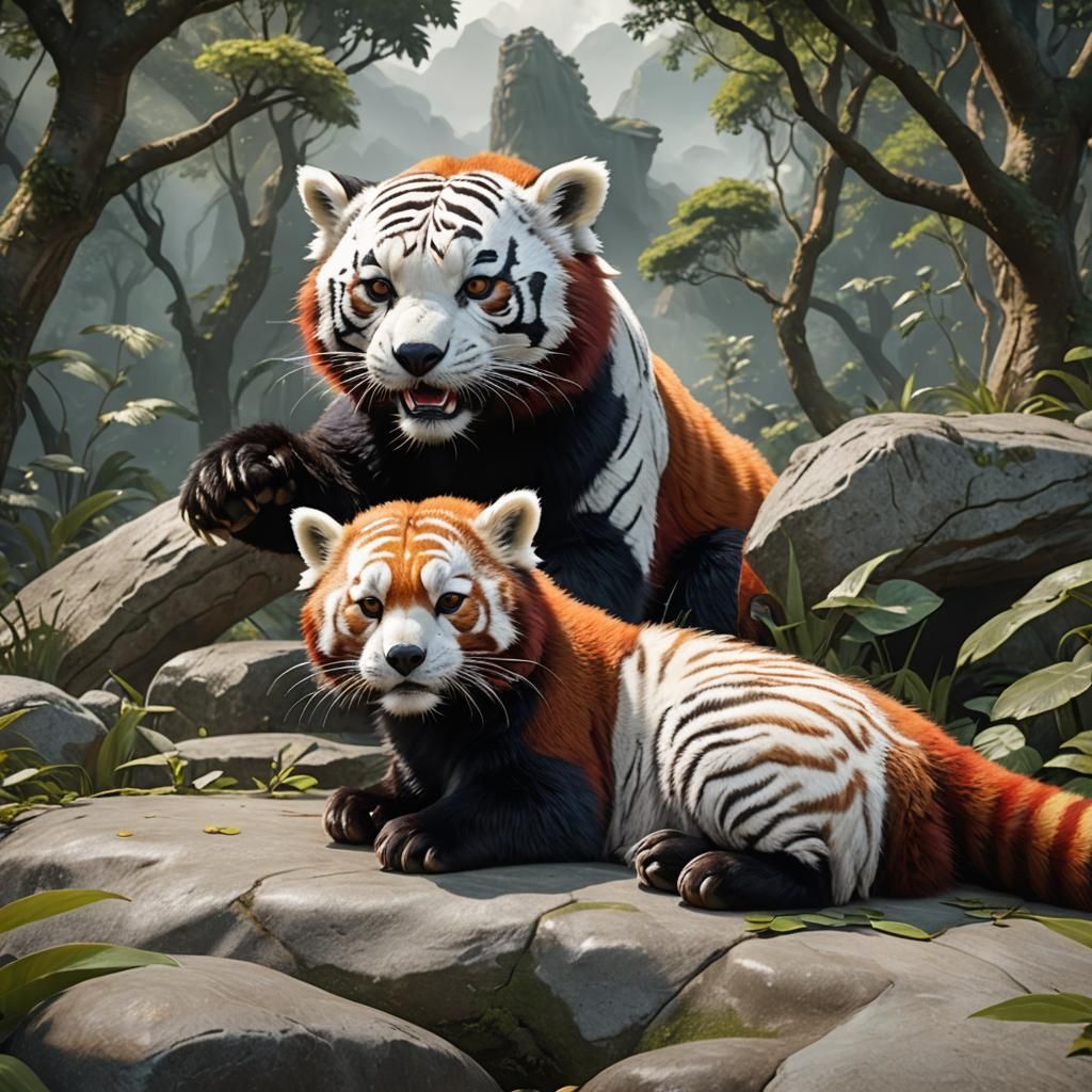 Red Panda Relaxing on White Tiger: Fantasy Art