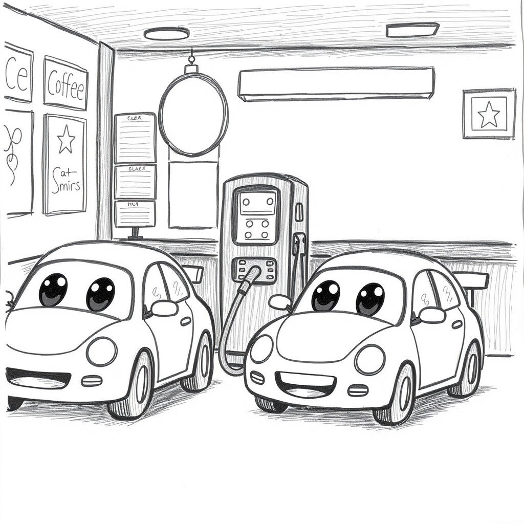 Cars with Faces in Coffee Shop: Pencil Drawing