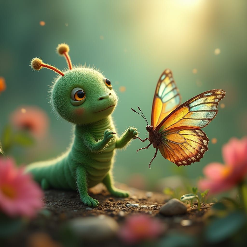 Compassionate Caterpillar in Whimsical Landscape