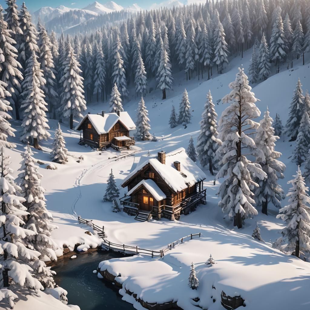 Serene Winter Cabin in Photorealistic Landscape