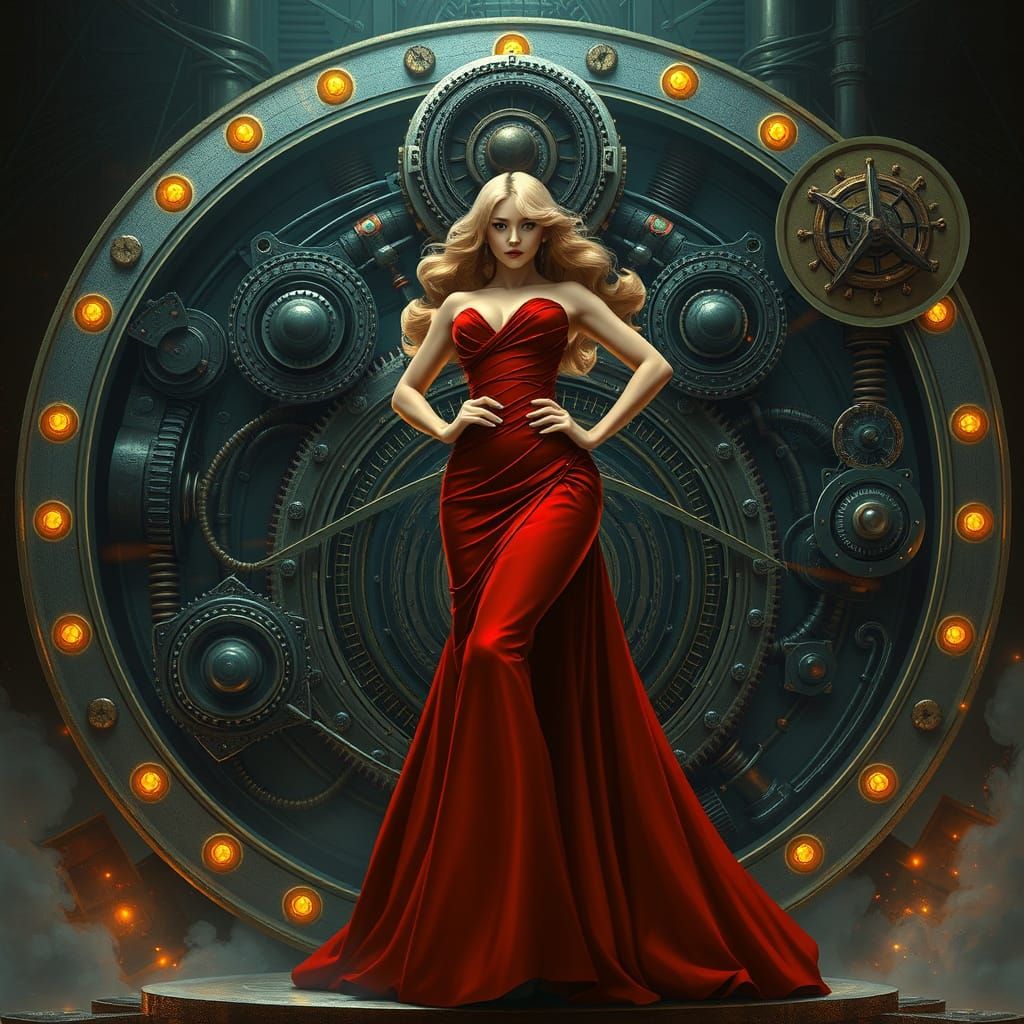 Elegant Woman Poses on Playing Card with Steampunk Engine