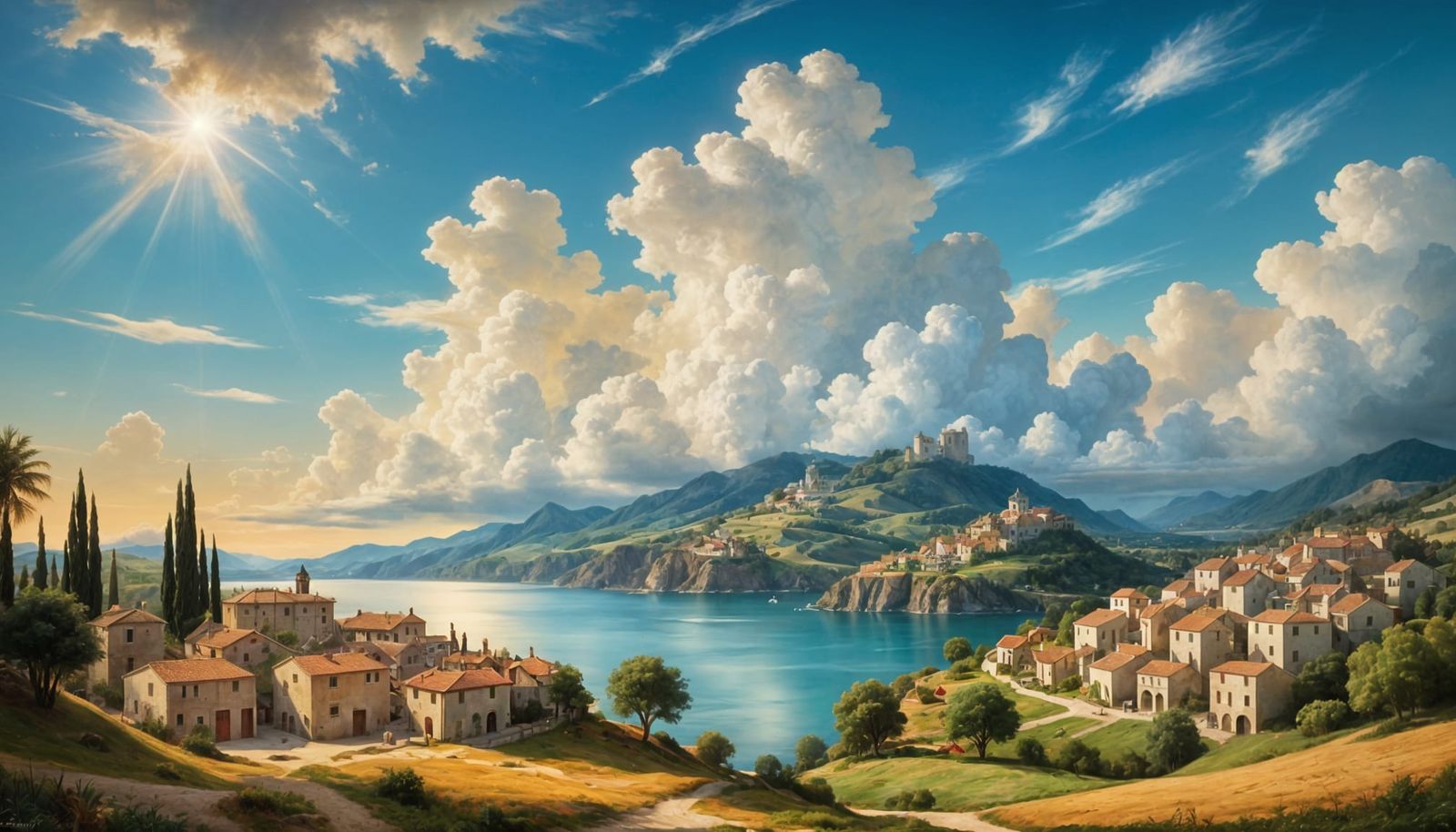 Vibrant Coastal Village in Renaissance Oil Painting Style