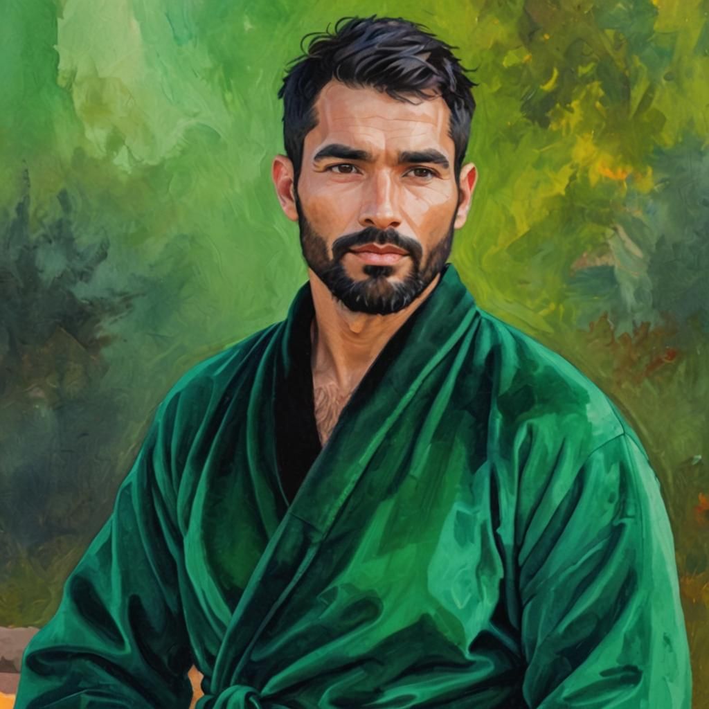 Peruvian Man in Emerald Robe, Impressionist Seascape