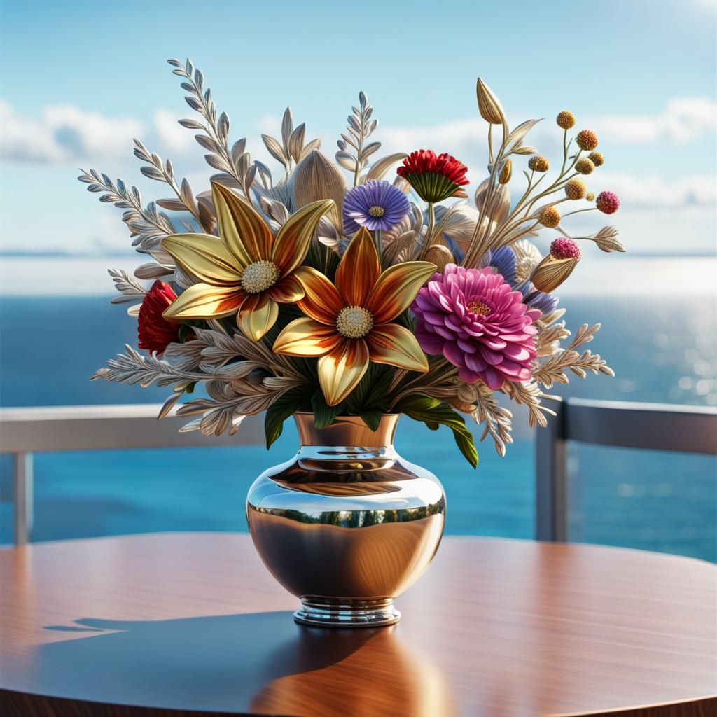 Hyperrealistic Metal Flower Bouquet Ocean View