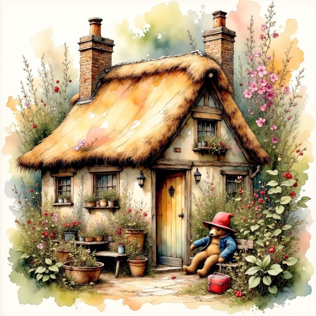 <lora:Ink Poet:1.0> English country coþage with paddintong bear