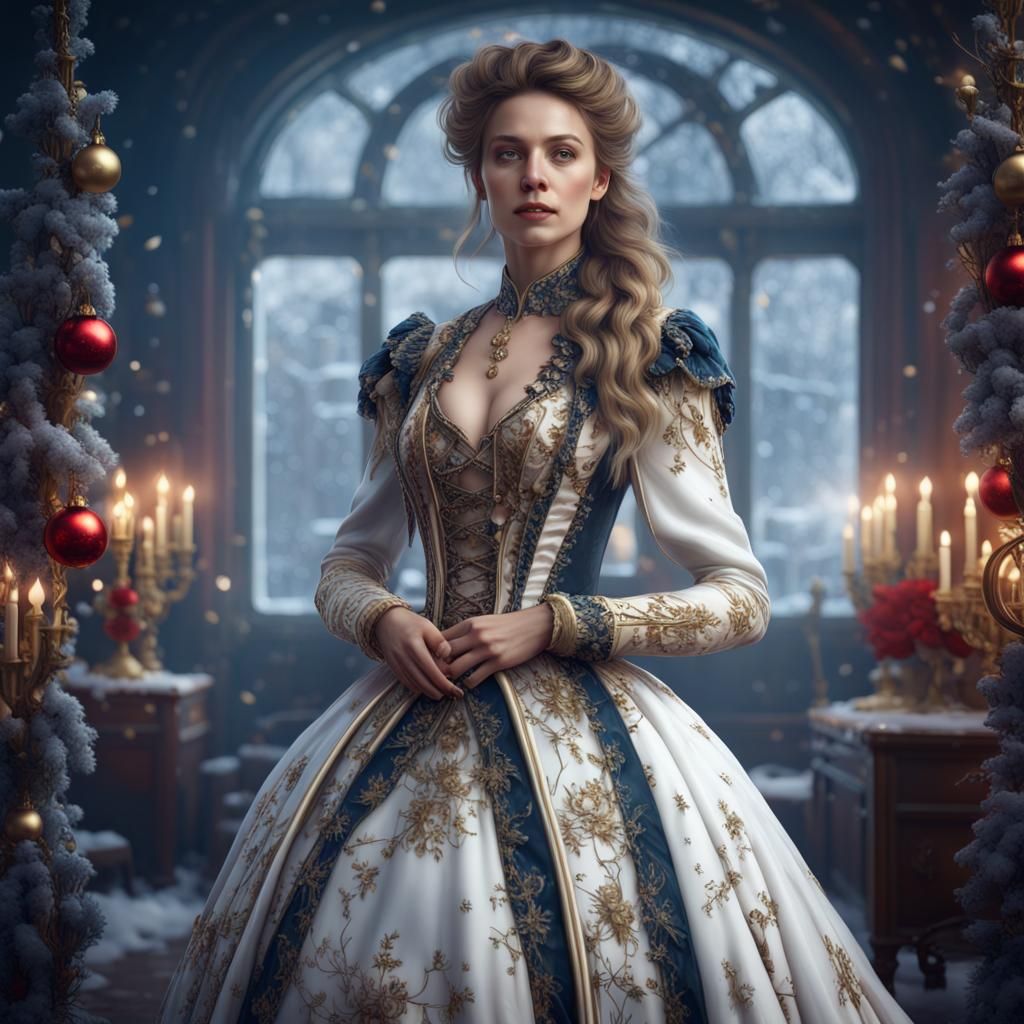 Victorian Woman in Intricate Christmas Gown