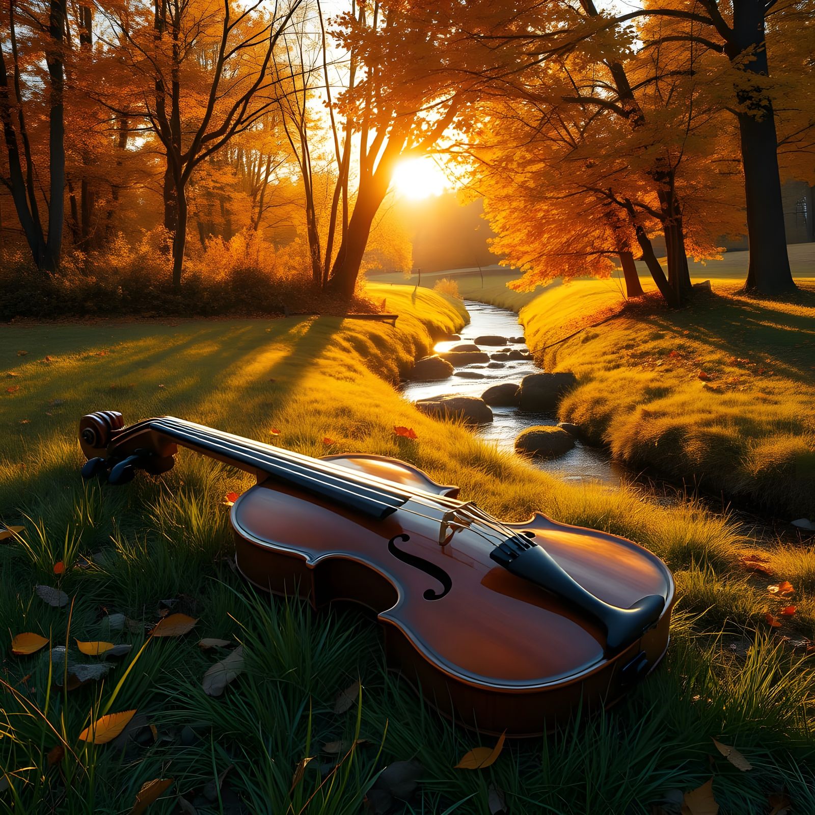 Violin in Autumn Field: Hyperrealistic Splash Art