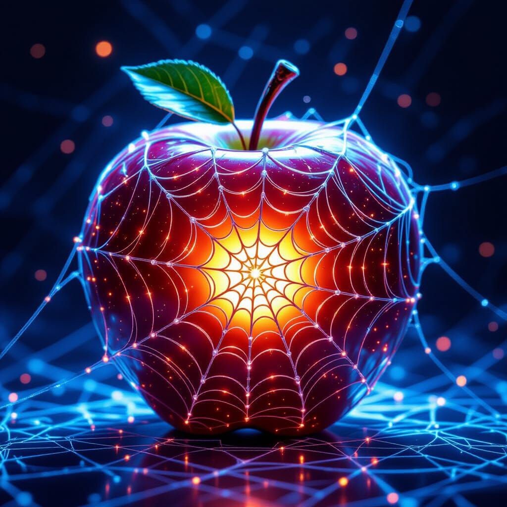 Glow-in-the-Dark Spiderweb Apple: Surreal Digital Art