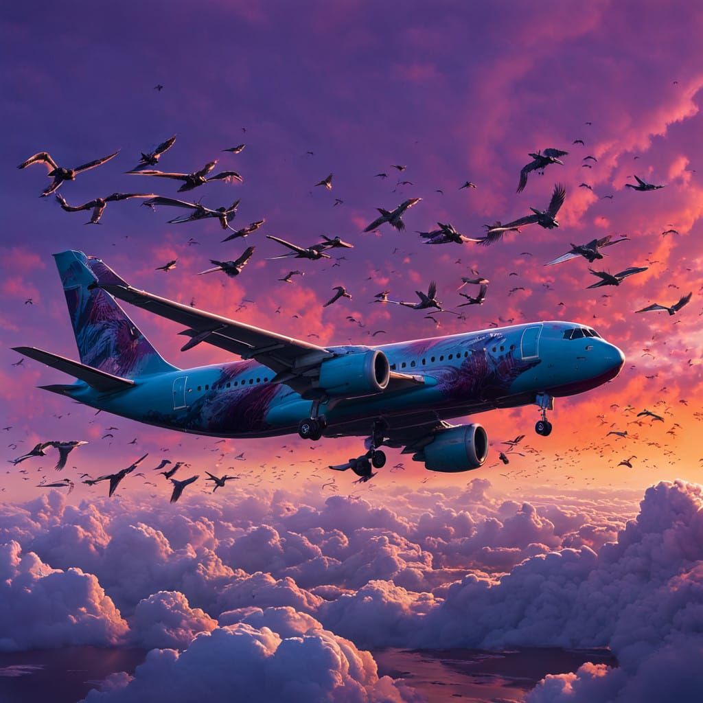 Aircraft Descending into a Vibrant Sunset Skiescape
