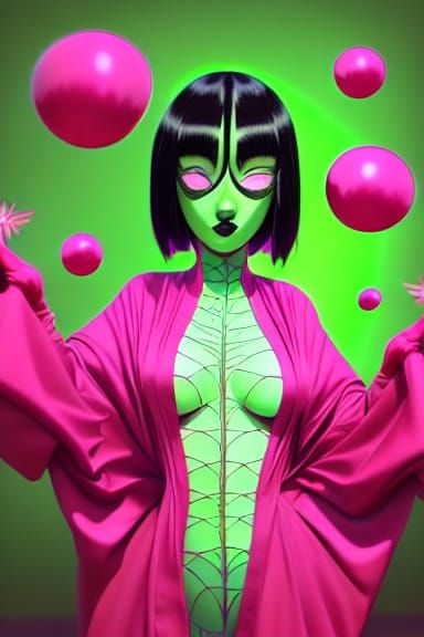 Curvaceous Spider-Girl in Pink Kimono as 3D Art