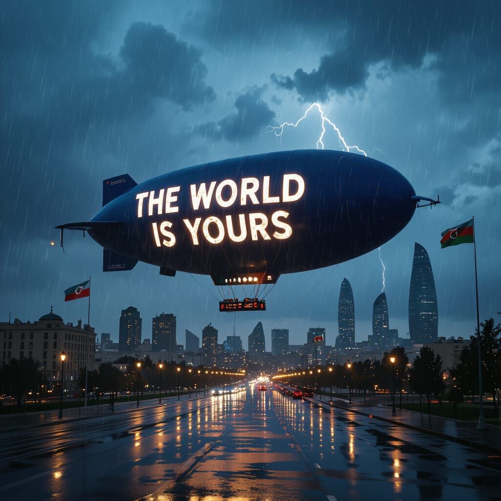 Blimp Over Baku in Rainy Cinematic Style