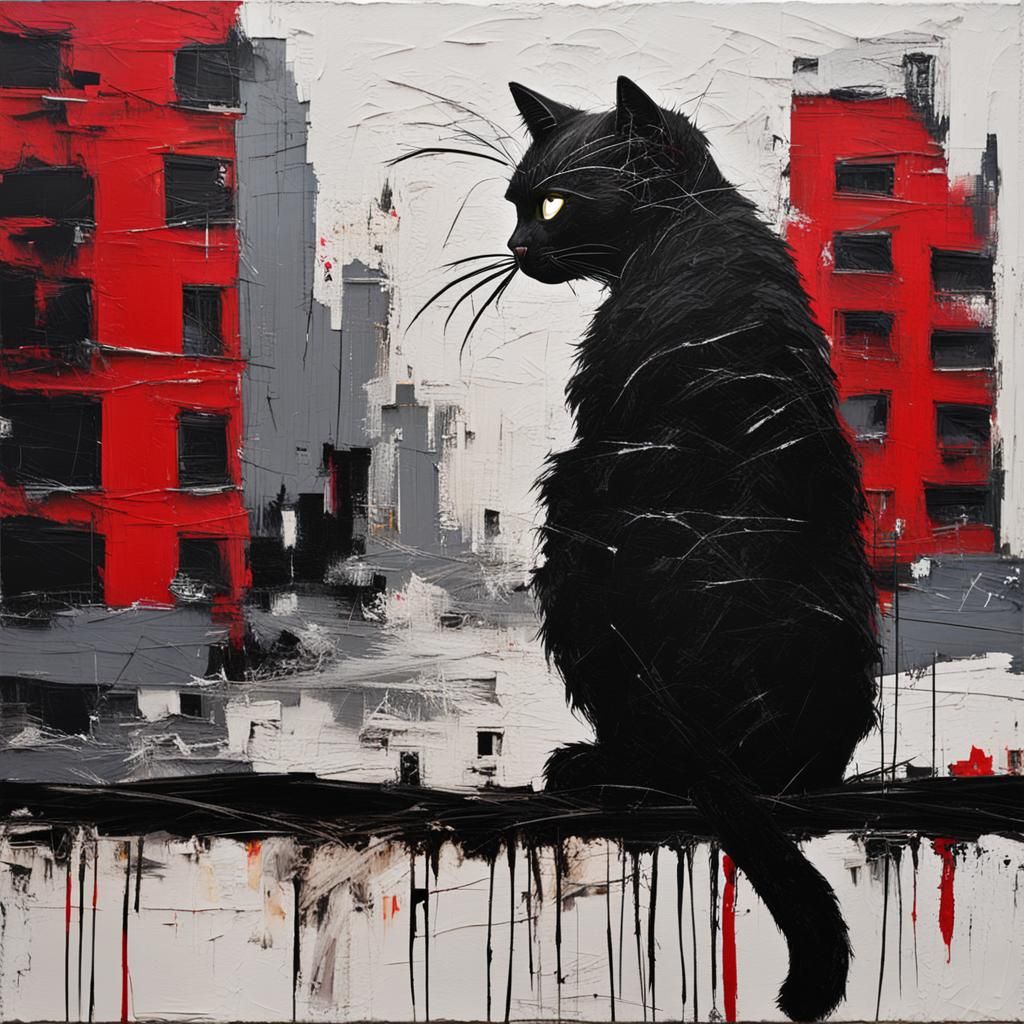 Minimalist Black Cat Cityscape in Impasto Style