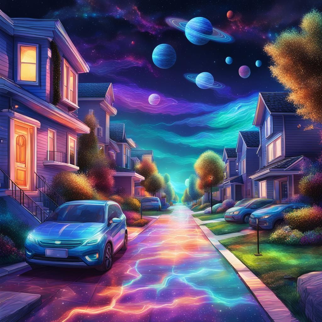 Astral Cosmic Suburbia: Night in Mixed Media