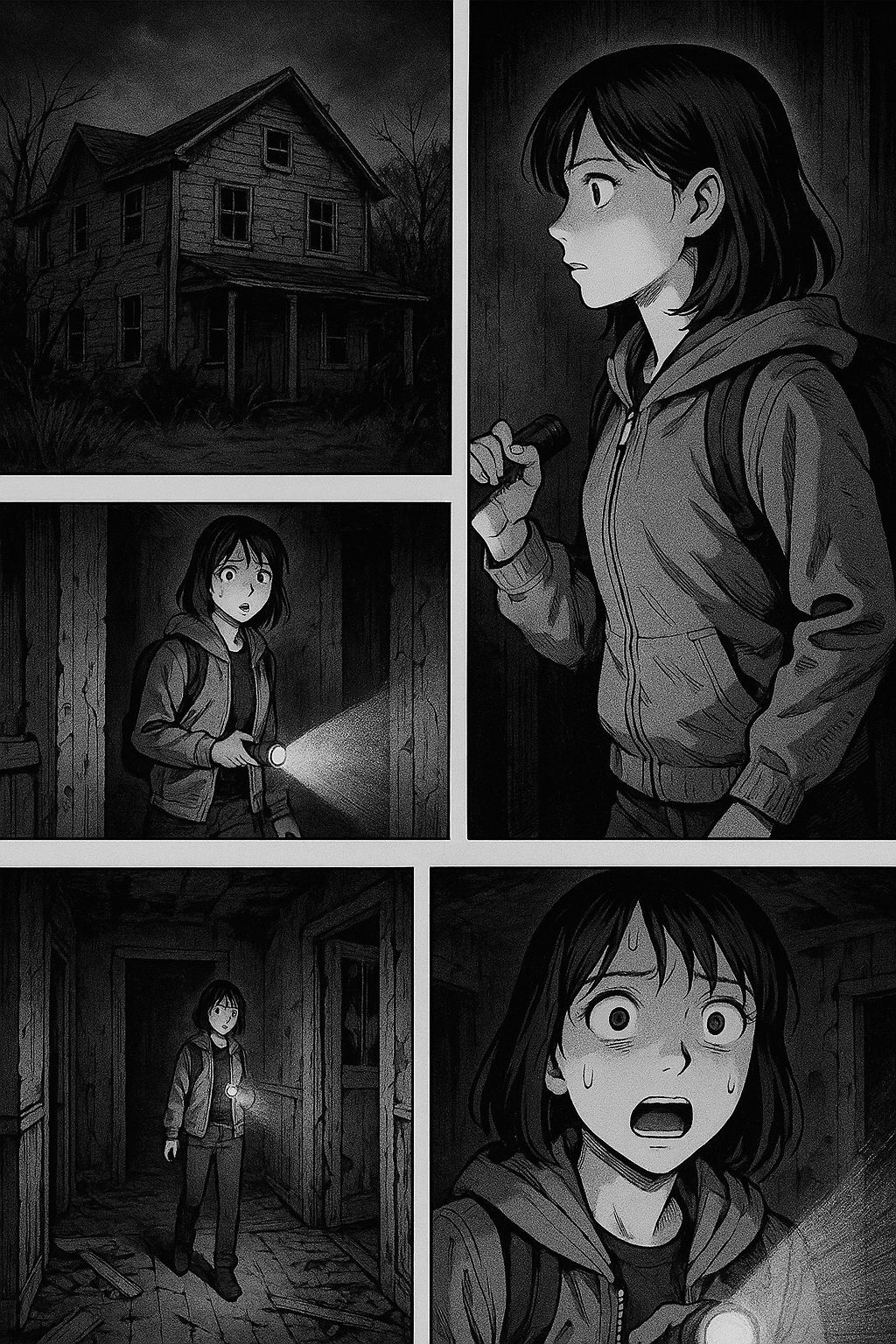 Manga Woman in Abandoned House at Night