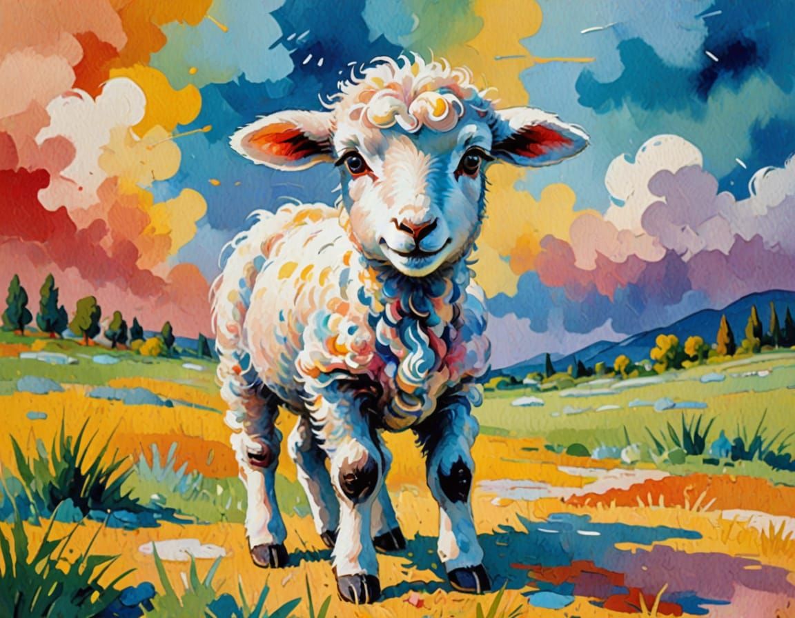 Cute Nervous Lamb in Impressionist Gouache Style