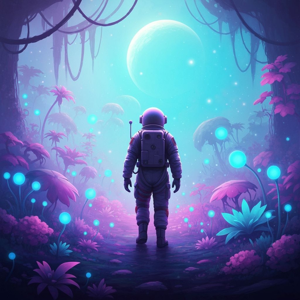 Astronaut Exploring Bioluminescent Alien World