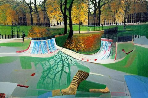 Skateboarders Stunts in Autumn Park, Hockney Style