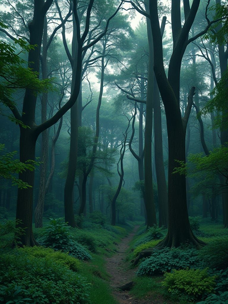 Emerald Forest Landscape in Pre-Raphaelite Style