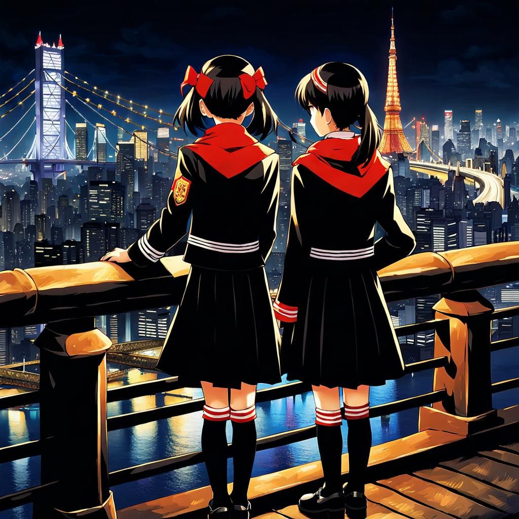 Schoolgirls Overlooking Tokyo at Night in Anime Style