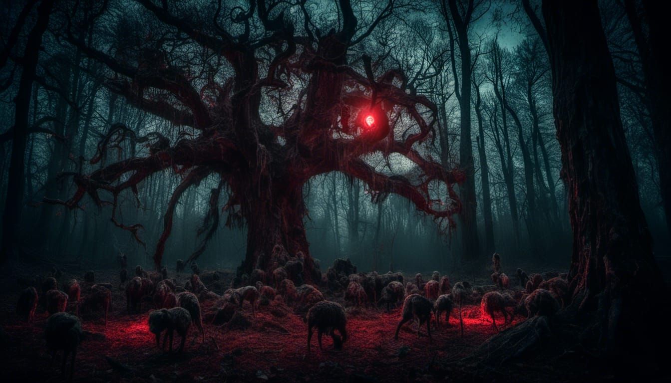 Macabre Forest Animals Gather Under Red Moonlight