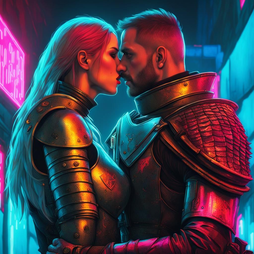 Medieval Knights Kiss in Cyberpunk Cityscape