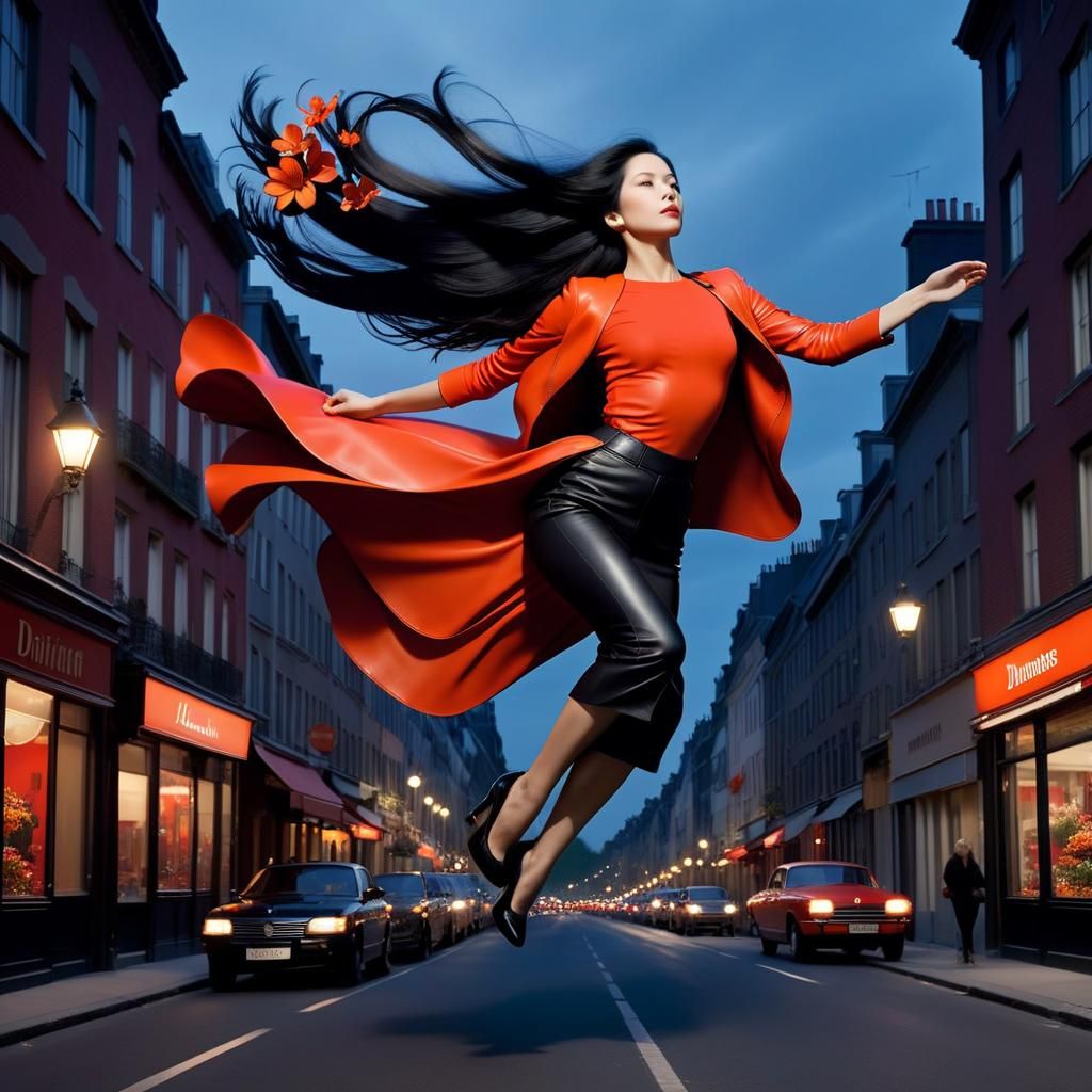 Woman Floats in Vibrant Urban Dusk: Hyperrealistic Photograp...
