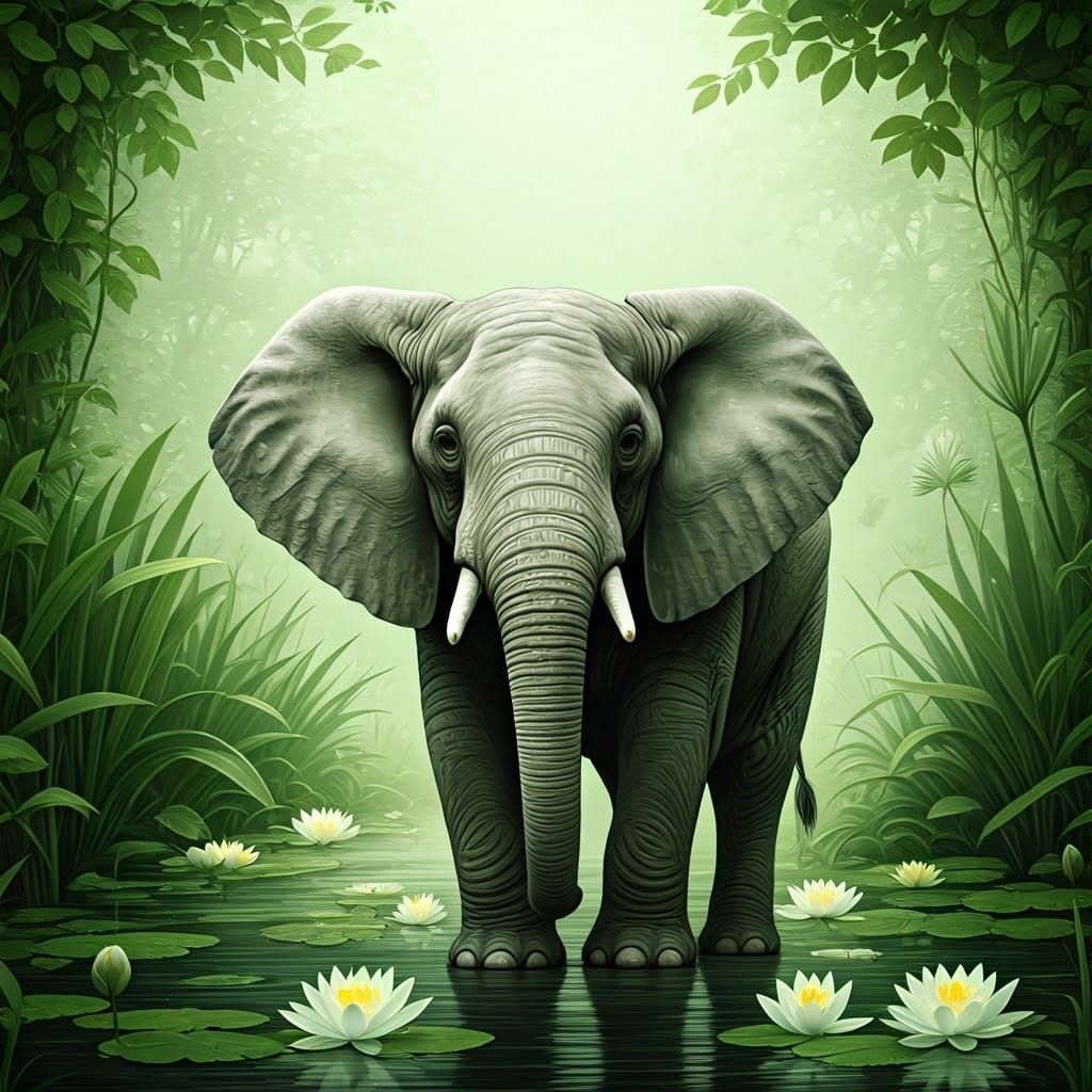 Green Elephant in Whimsical Watercolor Garden