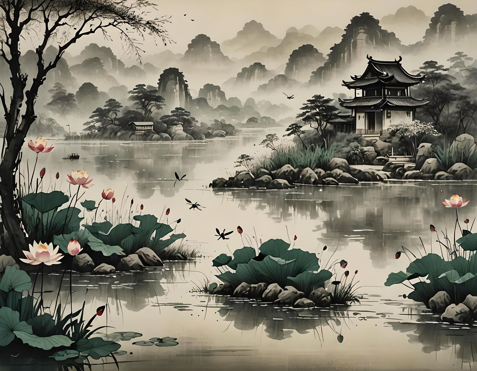 Yangtze River Scene in Traditional Ink Painting