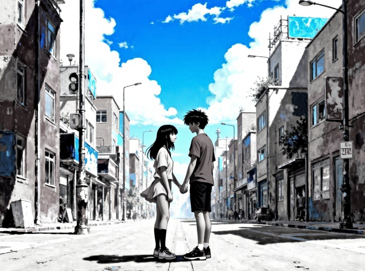 A  boy and girl with sharp linework details ,stands in a 3D hyper realistic vibrant coloured city