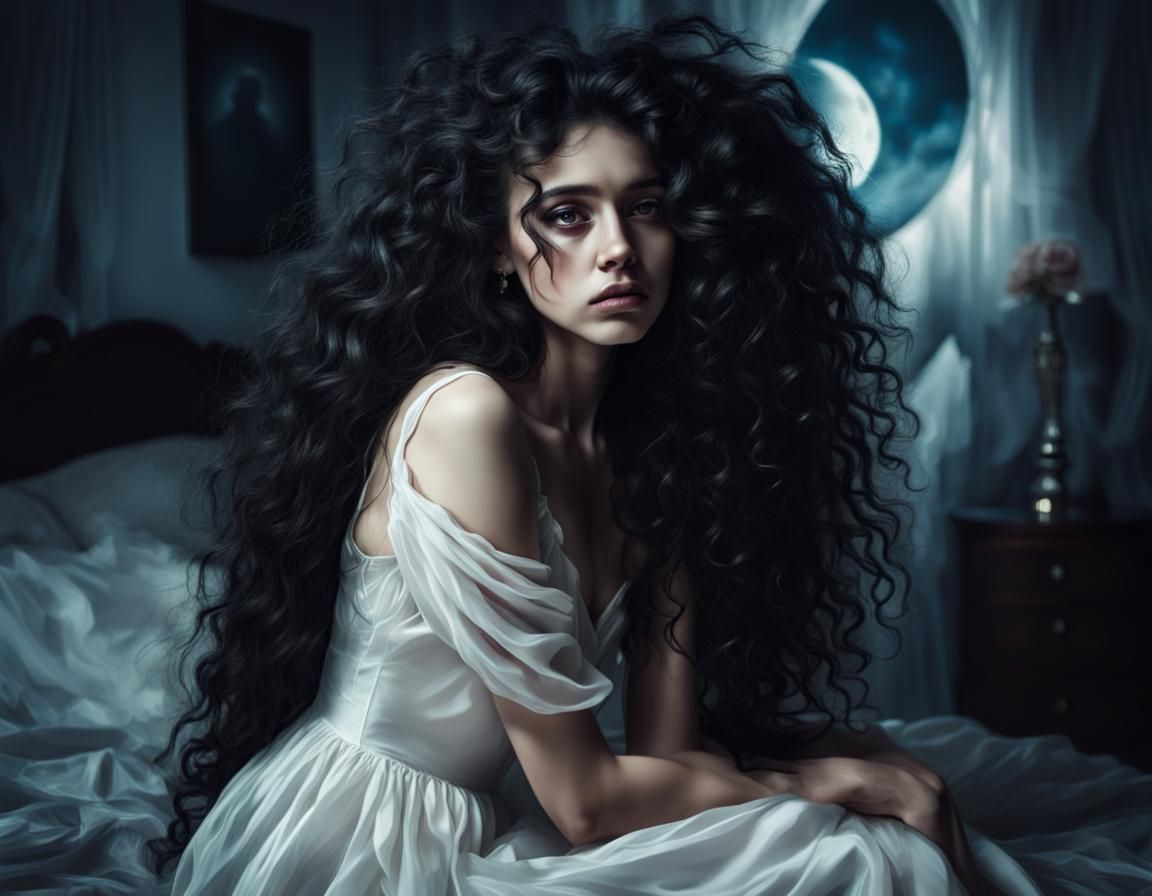 Melancholic Girl in Moonlit Room: Tragic Portrait