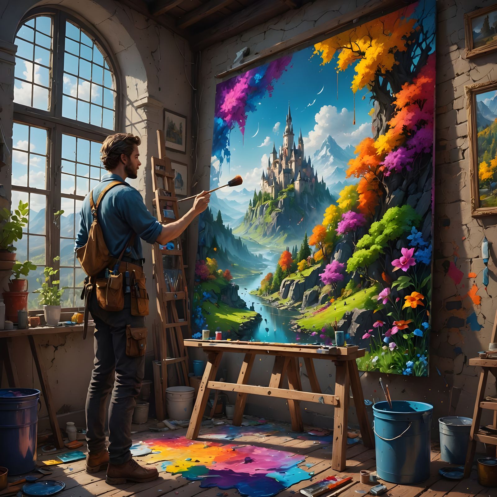 Colorful Painter in a Detailed Matte Painting