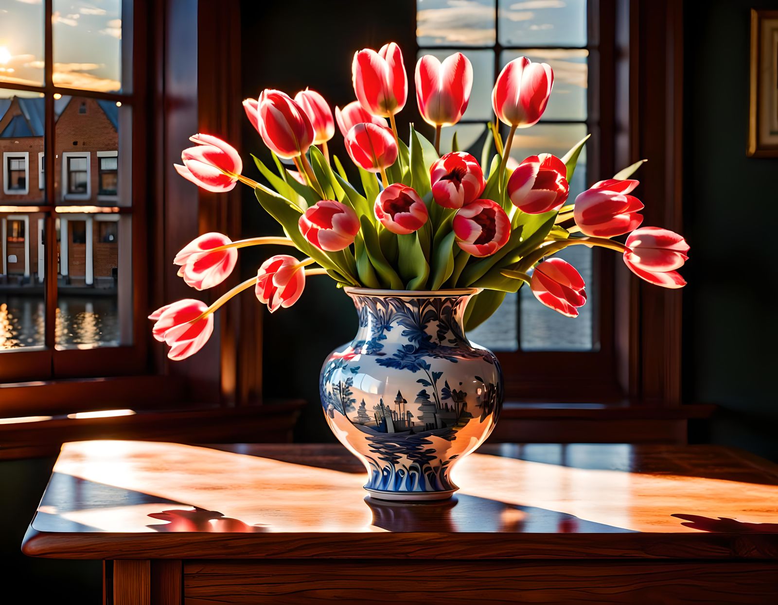 Elegant Delftware Vase with Tulips at Sunset