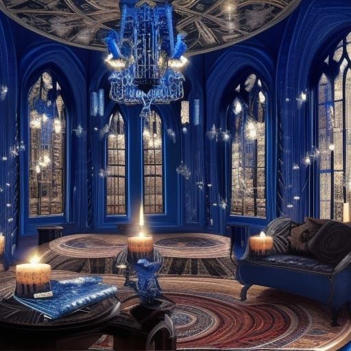 Gothic cobalt blue Ravenclaw themed living room with lots of crystals and candles and books